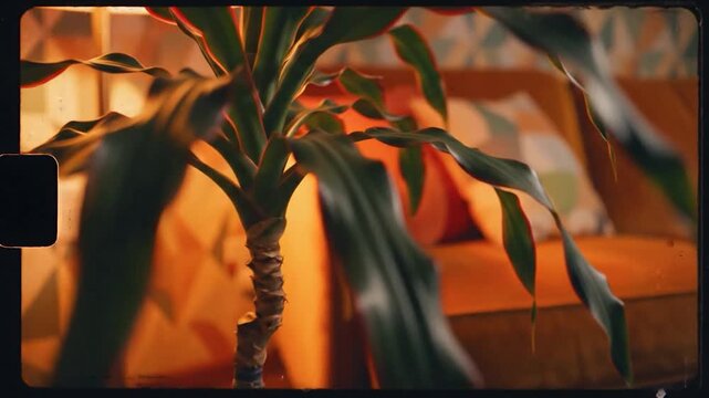 Cozy Retro Living Room with Orange Sofa and Plant.