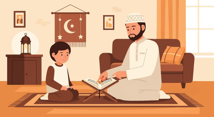 Muslim father and son engaged in a heartwarming religious lesson at home, fostering spiritual learning and cultural heritage within the family