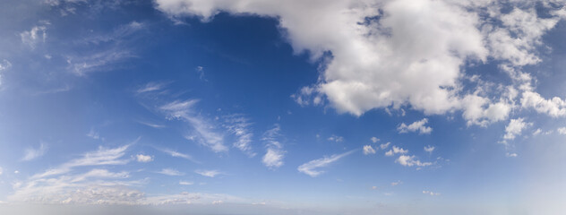 Bright Blue Sky With Puffy White Clouds Over Calm Horizon Airy Cloudscape