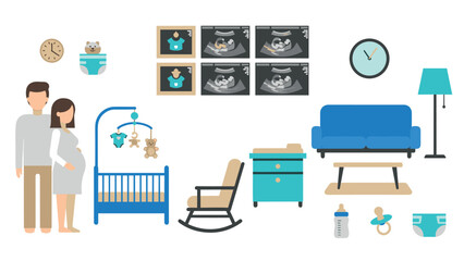 pregnant couple with baby nursery furniture and ultrasound scans hand drawn flat icons set