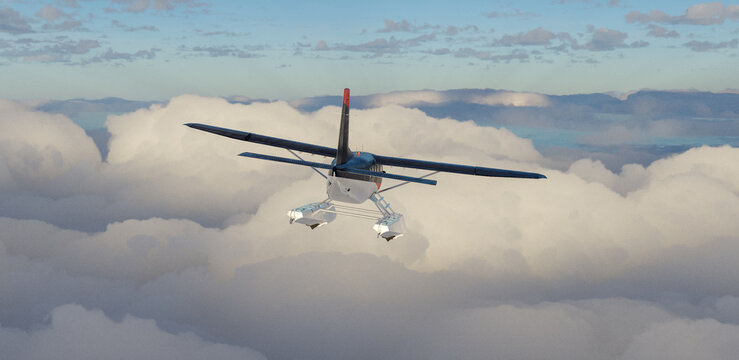Floatplane Flying Over Dramatic Cloudscape at Sunrise &mdash; Scenic Aerial Flight 3D Rendering