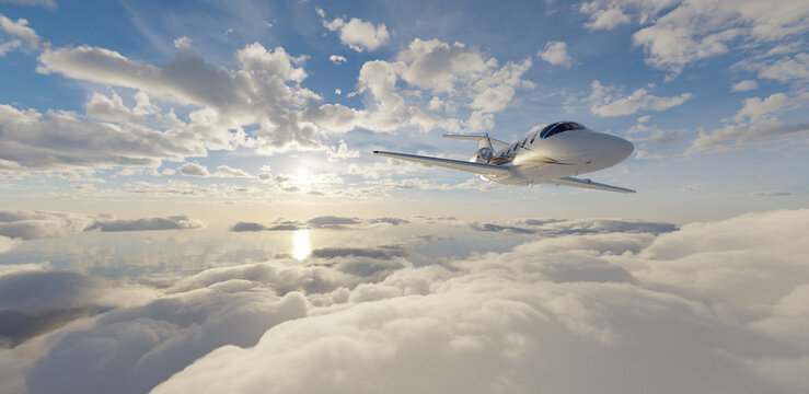Private Jet Flying Above Sunlit Clouds Over Ocean Sky &mdash; Luxury Business Travel 3D Rendering