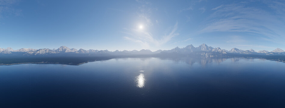 Panoramic Mountain Lake at Sunrise With Clear Sky and Sun Reflection &mdash; 3D Rendering
