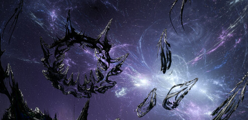 Alien Space Structures Floating in Nebula Galaxy With Dark Silhouettes and Cosmic Energy © edb3_16