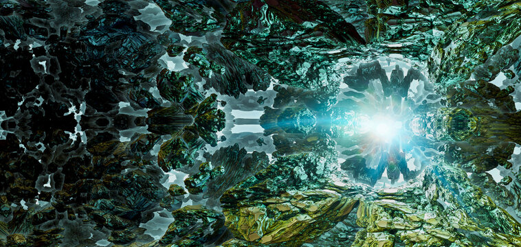 Futuristic Crystal Cave 3D Rendering With Radiant Light, Abstract Fractal Structures and Surreal Depth