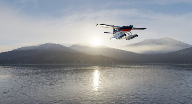 Seaplane Flying Over Mountain Lake at Sunrise Above Misty Wilderness, 3d Rendering