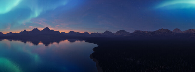 Northern Lights Over Mountain Lake at Dusk With Aurora Reflection — 3D Rendering © edb3_16