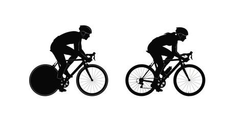 Fototapeta premium Athletic male and female cyclists racing on bicycles in a dynamic vector illustration design with shadows.