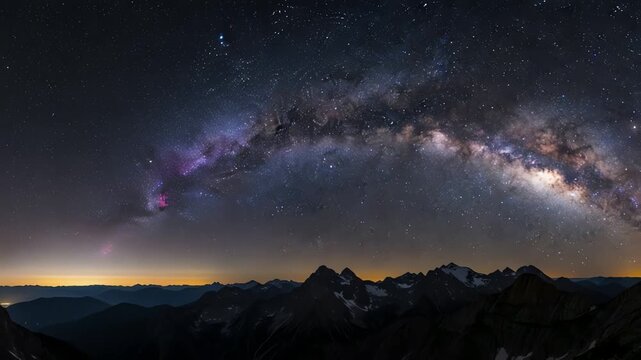 Stunning panoramic view of the Milky Way arching over majestic mountain peaks at twilight