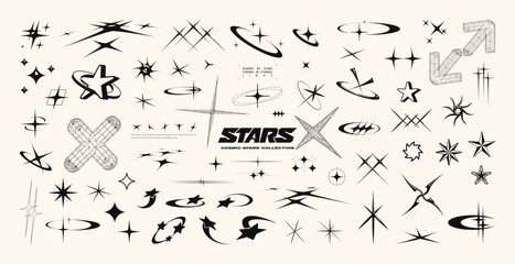 Y2K stars and Retrofuturistic symbols set with flashes, comets, and sparkles. Y2K-inspired vector pack for prints and clothing. Stylish cyber shapes and vaporwave vibe. Stars and flash. Vector set © SergeyBitos