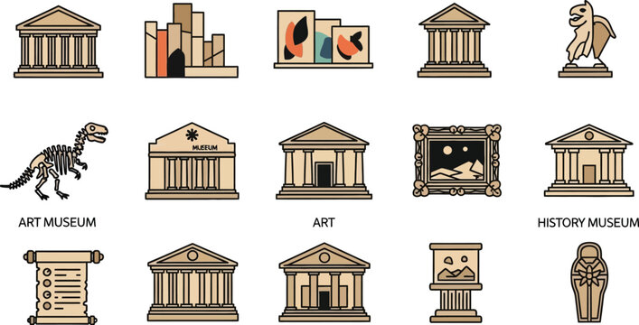 Collection of piZel art icons representing various museum eZhibits and architecture