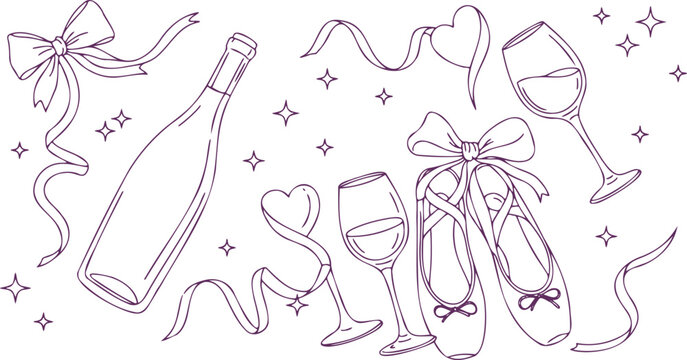 Elegant line art illustration of ballet slippers wine glasses and a bottle with ribbons and stars celebrating a special