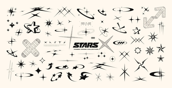 Y2K stars and Retrofuturistic symbols set with flashes, comets, and sparkles. Y2K-inspired vector pack for prints and clothing. Stylish cyber shapes and vaporwave vibe. Stars and flash. Vector set