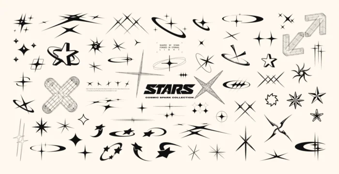 Y2K stars and Retrofuturistic symbols set with flashes, comets, and sparkles. Y2K-inspired vector pack for prints and clothing. Stylish cyber shapes and vaporwave vibe. Stars and flash. Vector set