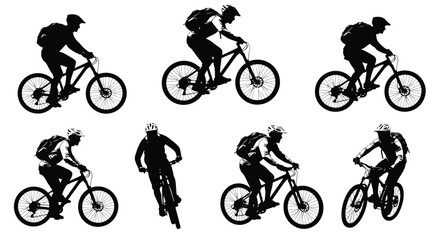 Obraz premium Collection of six vector graphic illustrations featuring mountain bikers cycling dynamically for sports and adventure design.