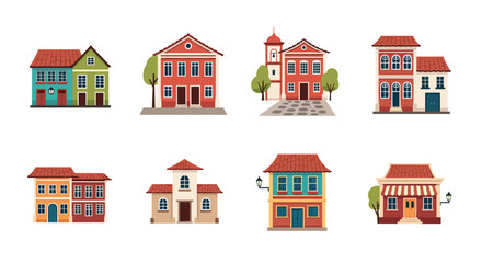 set of colorful hand drawn townhouse buildings with trees and street lamps in flat style