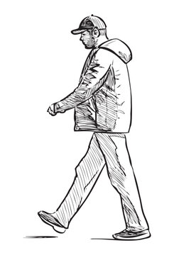 One casual towns man in cap and jacket striding outdoors, profile view, realistic sketch, vector hand drawing