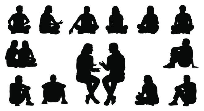 A collection of various sitting people vector silhouettes for graphic design and architectural projects