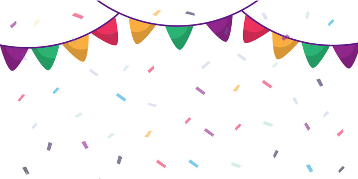 Festive celebration background with colorful party flags and falling confetti.