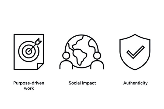 set of hand drawn purpose driven work social impact and authenticity icons in outline style