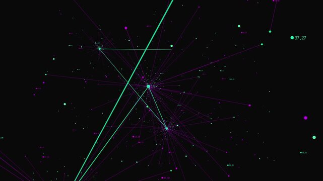 Abstract digital network of interconnected data nodes and numerical values for fintech and big data presentations
