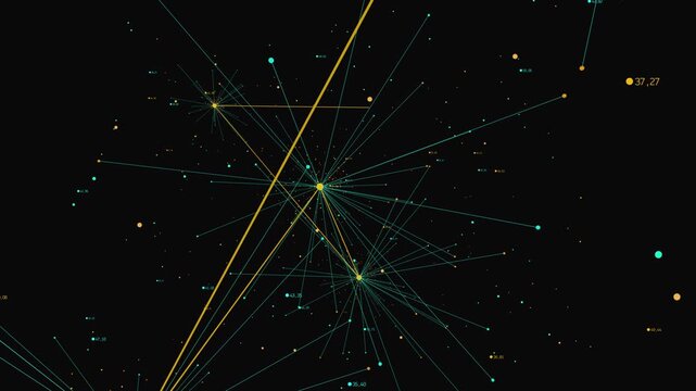 Abstract digital network of interconnected data nodes and numerical values for fintech and big data presentations