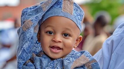 Cheerful African toddler dressed in blue traditional clothing. Close portrait with warm smile representing Africa Liberation Day, freedom and cultural identity