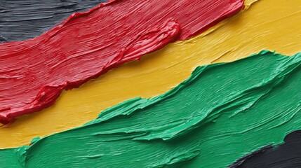 Close up of bold red, yellow and green paint layers with rich texture. Abstract Pan-African background representing independence, solidarity and Africa Liberation Day