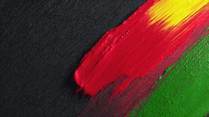 Textured red, yellow and green brush strokes on black canvas. Vibrant Pan-African colors symbolizing unity, freedom and Africa Liberation Day celebration concept