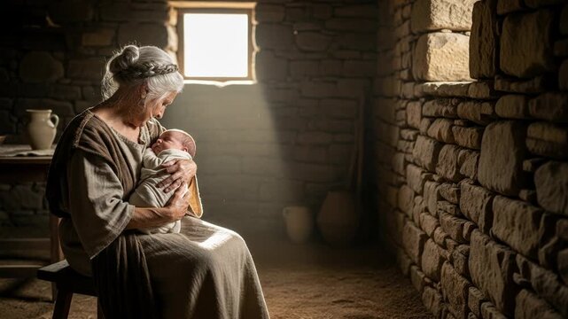 Elderly woman cradling newborn baby in rustic stone room, biblical scene representing birth and motherhood, traditional christianity theme