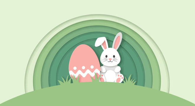 Cute paper art bunny and easter egg in pastel green layered design