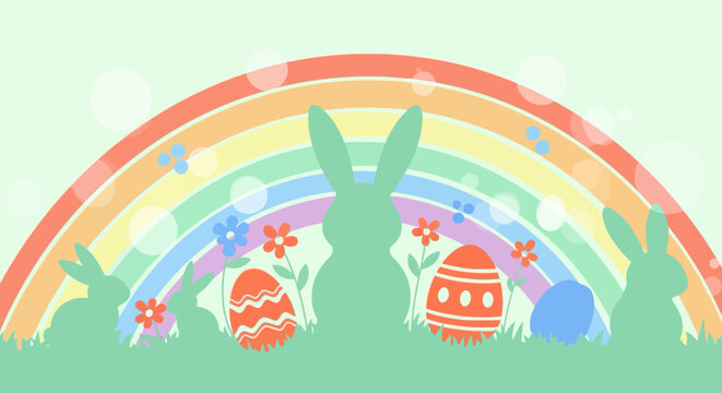 Colorful easter scene with bunny silhouettes and rainbow