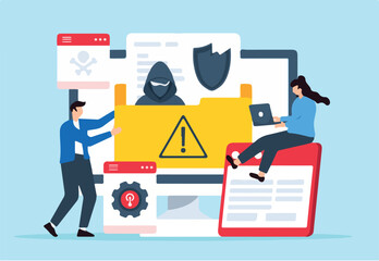 Flat illustration of two people handling data breach incident crisis management and recovering from attacks.