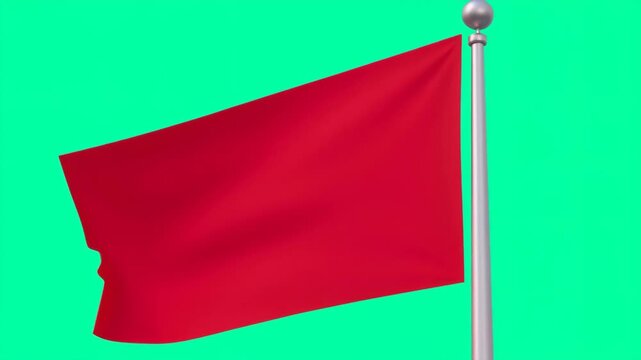 Plain red flag waving on a metal flagpole against a bright teal background, empty space for copy, symbol of warning