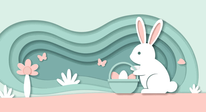 Cute easter bunny with egg basket in pastel paper art style