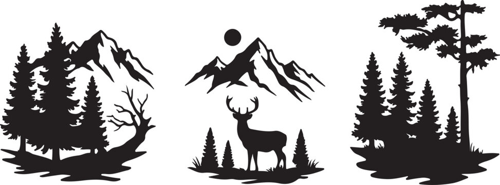 Black silhouette forest landscape scenes with mountains trees and a deer