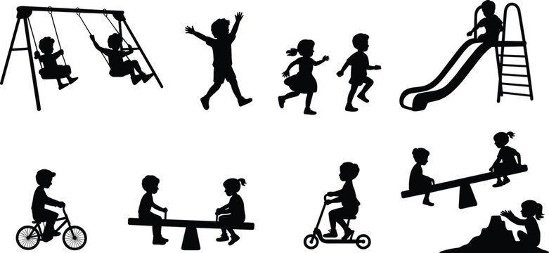 Children playground silhouette illustration, outdoor play, childhood activities, swing set, slide, seesaw, bicycle, scooter, sandbox, fun lifestyle artwork