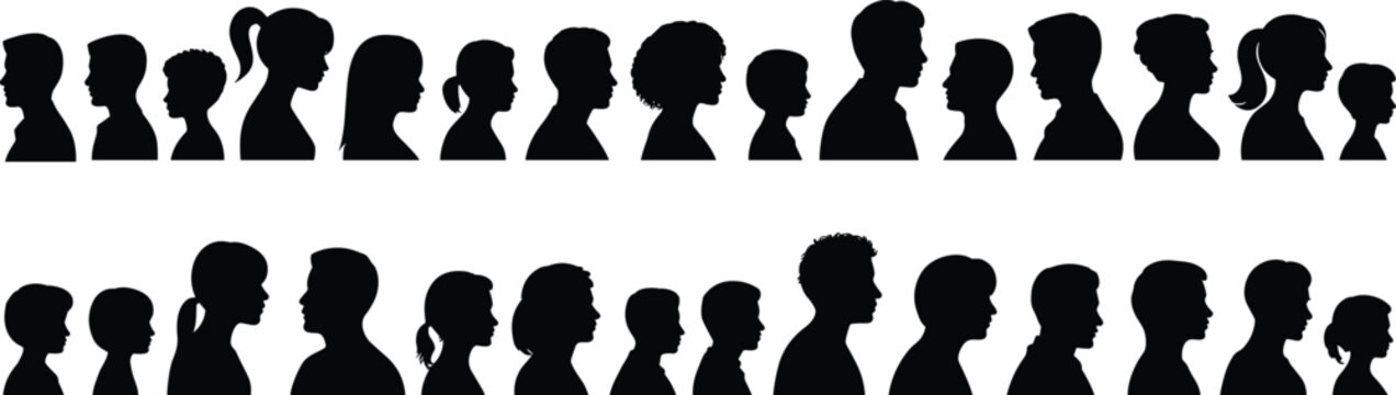 Diverse human profile silhouettes, multicultural people vector illustration, individuality concept, community diversity icons, black head shapes, hairstyle variation collection