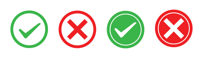 Obraz premium Green check mark and red cross icon set with approval and rejection symbols in circle shapes vector illustration