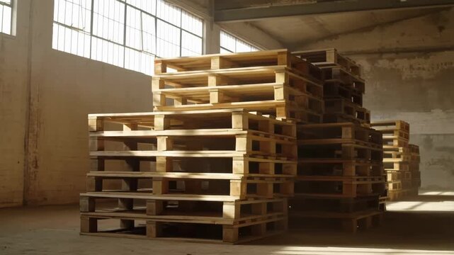 A tidy stack of wooden shipping pallets bathed in sunlight within a rustic, spacious warehouse interior.