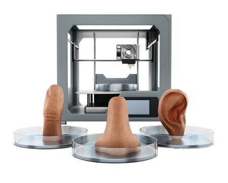 Medical 3D printer and printed human organs on transparent background. 3D illustration
