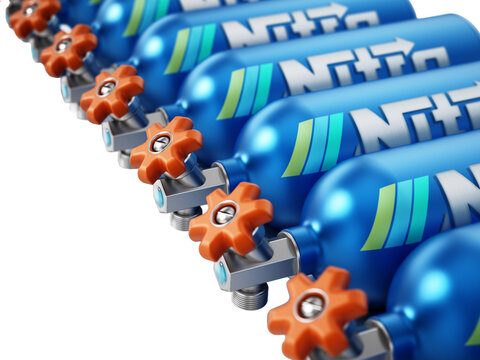 Group of blue Nitrous Oxide tanks on transparent background. 3D illustration