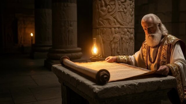A man dressed in ancient robes reads a scroll by lantern light in a dimly lit temple setting, a scene for religion and culture.