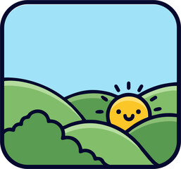 Minimalist Valley Nature Character with Sun Element Flat Vector Illustration Isolated