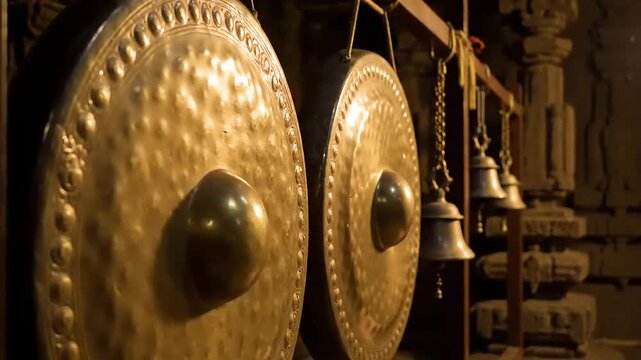 Close-up of gongs and bells in a Southeast Asian temple, capturing the bronze musical instruments in a devotional and spiritual context.