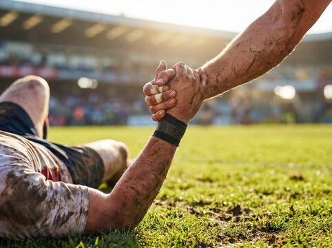 Close up of athlete offering hand to fallen teammate on field showing sportsmanship teamwork and physical competition support