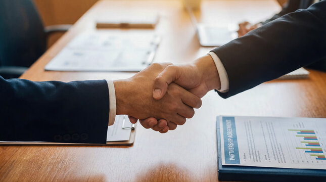 Close up firm handshake between two businessman after successful negotiation showing financial support and corporate partnership