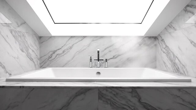 A serene bathroom with a large skylight above a marble bathtub filled with steaming hot water in a modern