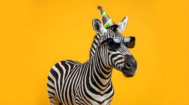 Stylish Zebra Wearing Oversized Black Sunglasses and Colorful Party Hat on Vibrant Yellow Background