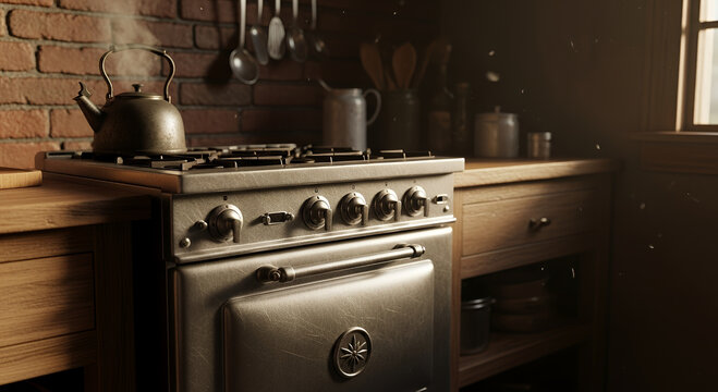 A vintage gas cooker stands in a domestic kitchen interior featuring a classic steel stove and oven design near wood cupboards and a cooking counter